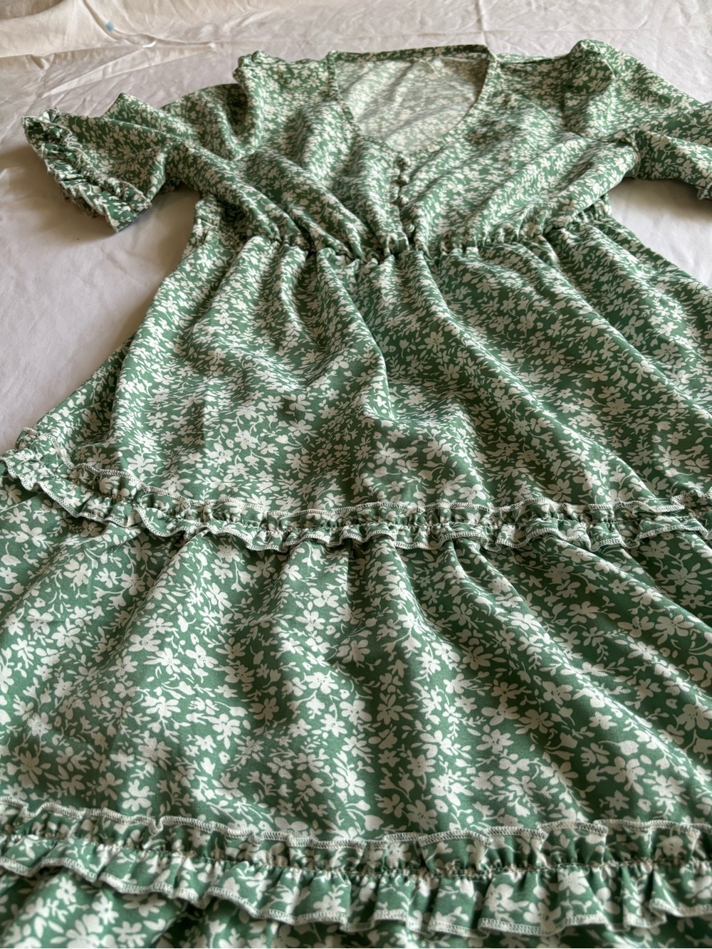 Sage Green Floral Tiered Midi Dress Cottagecore Boho Prairie Dress - Picture 3 of 5